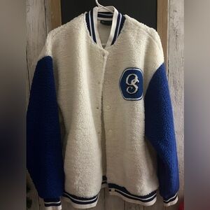 Asos Design Oversized Real Sherpa Varsity Bomber Jacket In Cream/Blue Mens Sz M